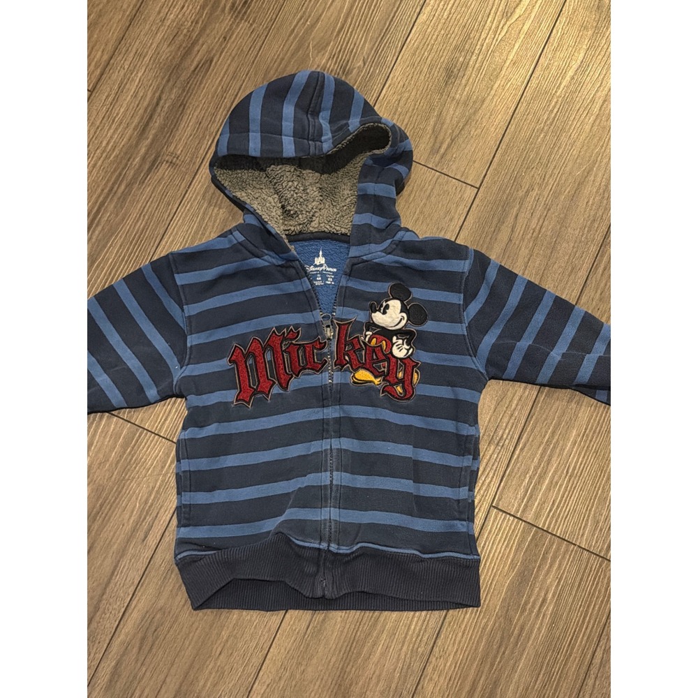 Disney Parks Mickey Mouse Sherpa Lined Striped Zip Hoodie Toddler Boy XXS 4T 4A